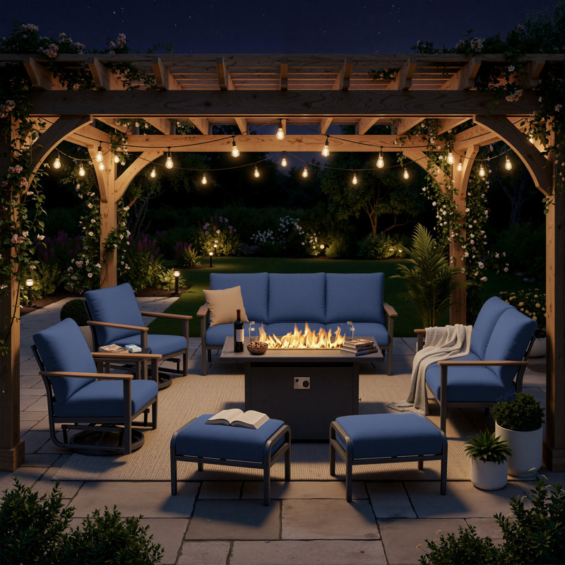 9-Person Aluminum Outdoor Patio Conversation Set With Propane Fire Pit Table, Swivel Rocking Chairs, Wood-Look Armrests & 5.12" Thick Cushions