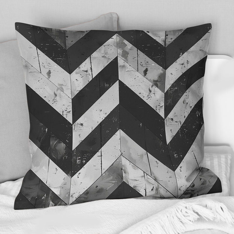 Coussin moderne noir et blanc à chevrons modernes, H 16 po x l 16 po