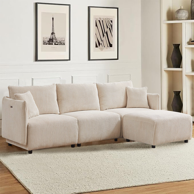 Jacqulene Modern Minimalist Corduroy Module Combination Sofa with USB Charging Ports, Beige Corduroy