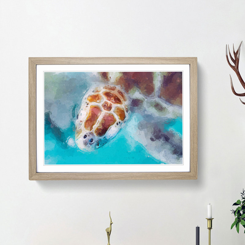 Green Sea Turtle in Abstract - Picture Frame Graphic Art Print on MDF, 36cm H x 48cm W x 2cm D, Oak Framed