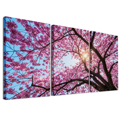 «Pink Cherry Blossom Tree Against Blue Sky», ensemble de 3 toiles murales