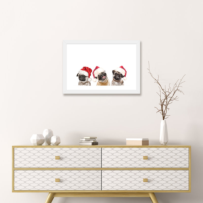 «3 Emotion Pug avant Noël» par Big Nose Work - impression d'art graphique, Papier encadré blanc, Blanc