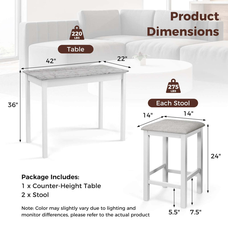 Ensemble de table de salle à manger 3 pièces Ebern Designs et 2 tabourets de bar rembourrés en lin