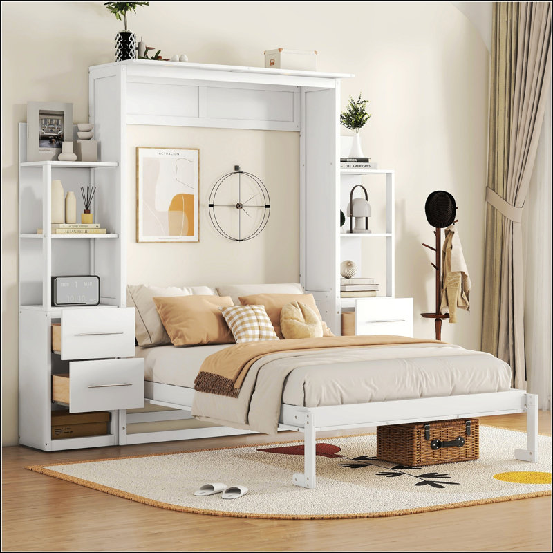 Lit escamotable double pleine grandeur avec tablettes, Double, Blanc