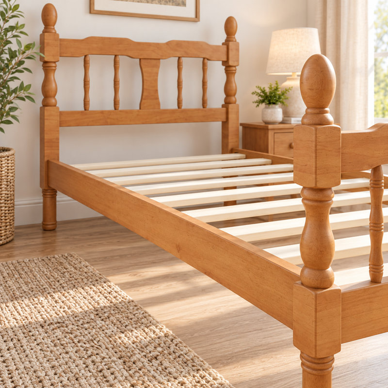 Lit plateforme en bois Altuna pour lits jumeaux/grand lit, avec tête et pied de lit à fuseaux, Lit simple, Noyer