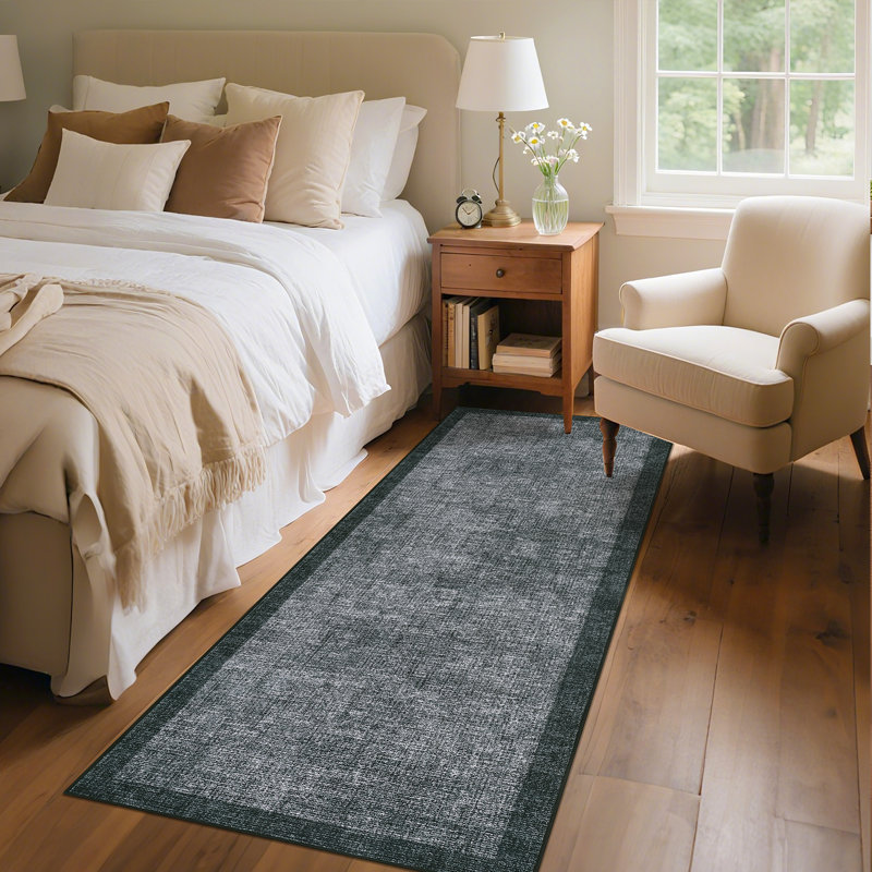 Bordered Machine Washable Rug with Rubber Backing Non Slip Soft Non Shedding Low Pile Thin Foldable Indoor Carpet, Dark Gray