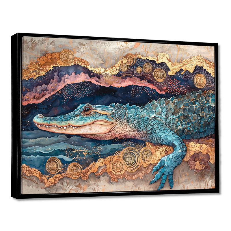 Aligator and Marble Felections III - Crocodile, art mural, H 30 po x l 40 po, Noir, noir, noir, noir, Cadre flottant