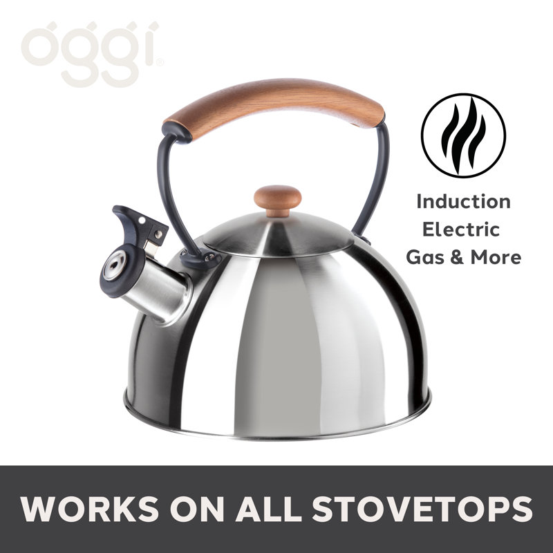Silver Stainless Steel Whistling Tea Kettle with Wood Handle, 2.5 Liters