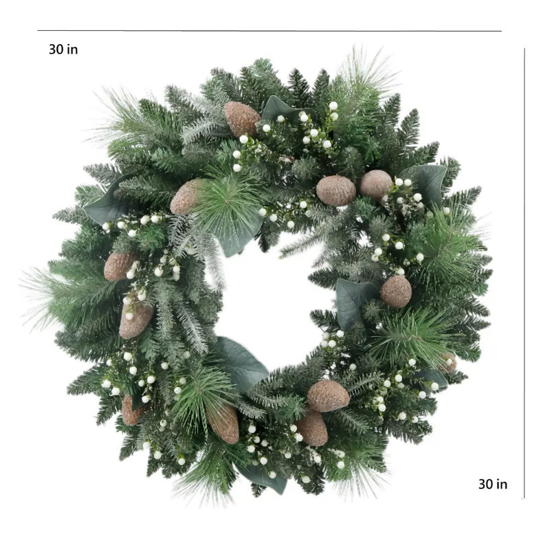 30" Flocked Woodland Pine and Berry Wreath with Pinecones and Frosted Foliage