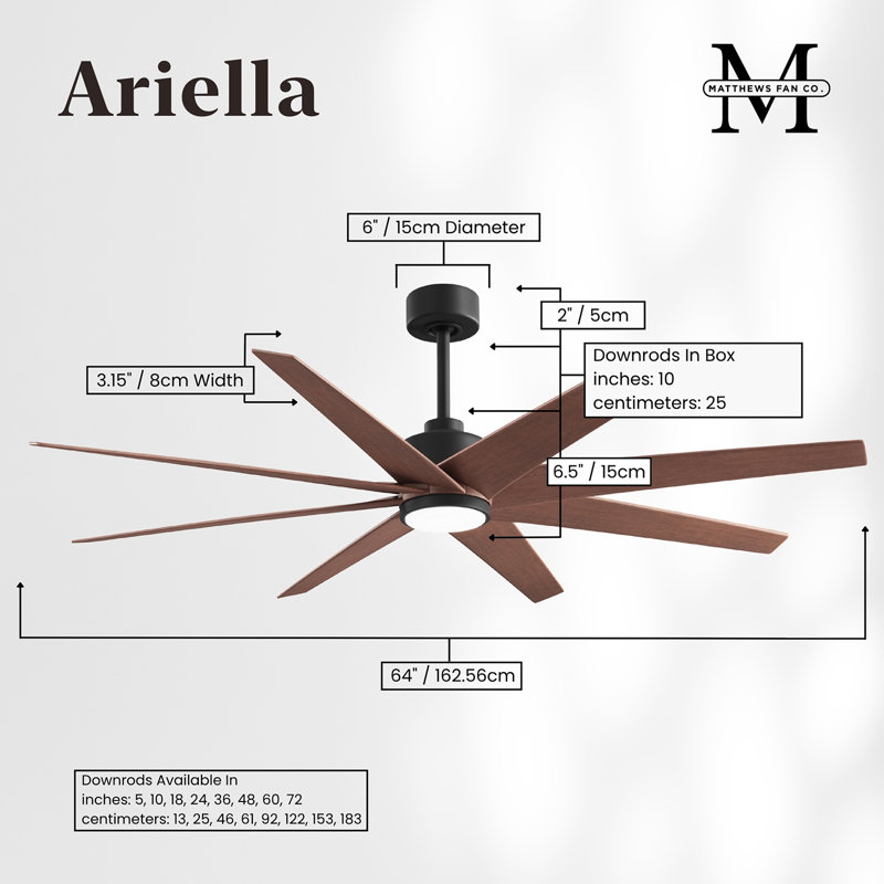 Ariella - Eight Blade Ceiling Fan - Integrated LED - Matte Black Finish - Matte White Blades, Matte Black, Walnut Tone
