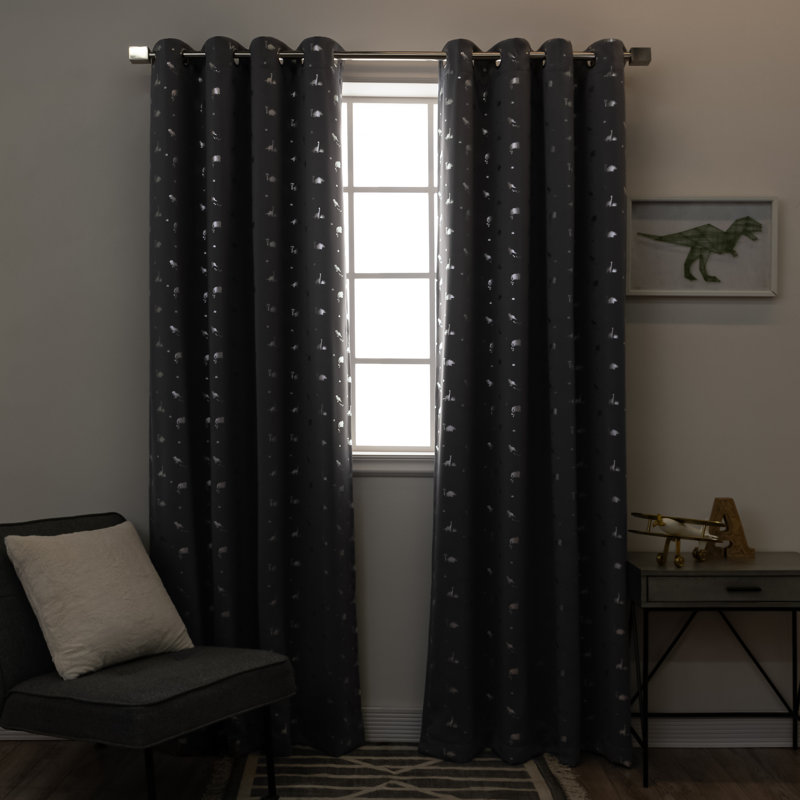 Hula Silver Foil Dinosaur Printed Polyester Blackout Curtain, Gray, 52" W x 84" L