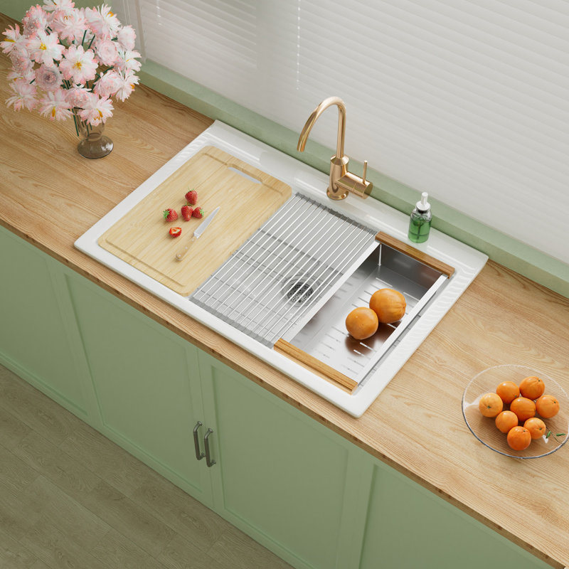 Évier de cuisine encastré en argile réfractaire 33 po x l 22 po à 1 trou avec une passoire et une planche à découper