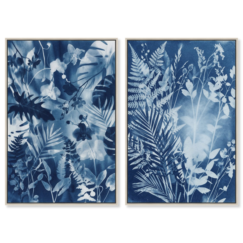 Blue Folliage Set Set by Oliver Gal, 37"H x 55"W, Silver Floater Frame