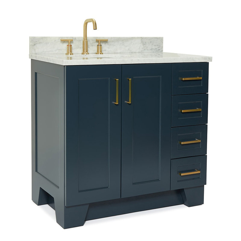 Ensemble de meuble-lavabo simple 37 po en bois massif bleu minuit avec plateau en marbre de Carrare 0,75 po Freitas, Gauche