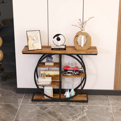 Console industrielle pour le hall d'entrée, table de canapé étroite avec tablettes de rangement et base circulaire, mobilier d'appoint brun rustique pour le couloir, le vestibule, l'entrée, le salon