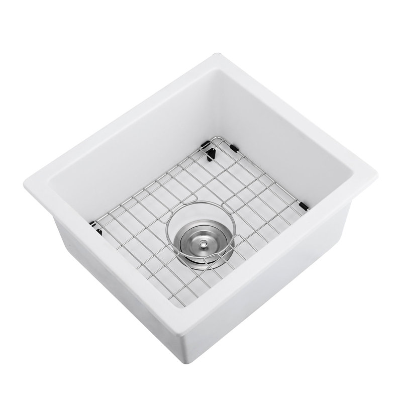 White Quartz Bar Sink - 18" Length X 16" Width Stain & Construction With Grid Heat 18"X16" Scratch Functional Design Bottom And Strainer