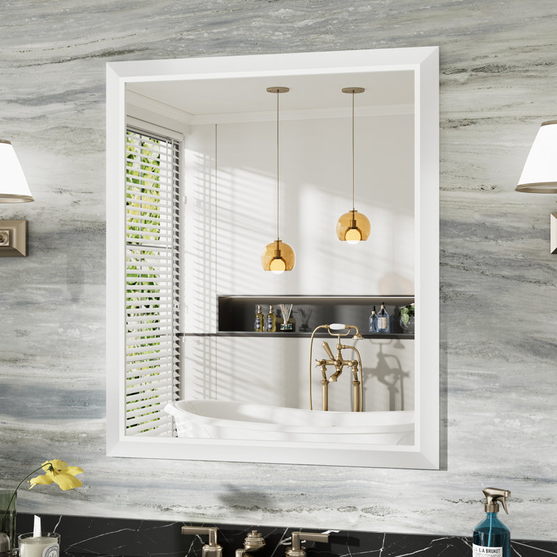 Miroirs de salle de bain modernes et contemporains en métal biseauté rectangulaire / carré avec verre trempé HD, Blanc