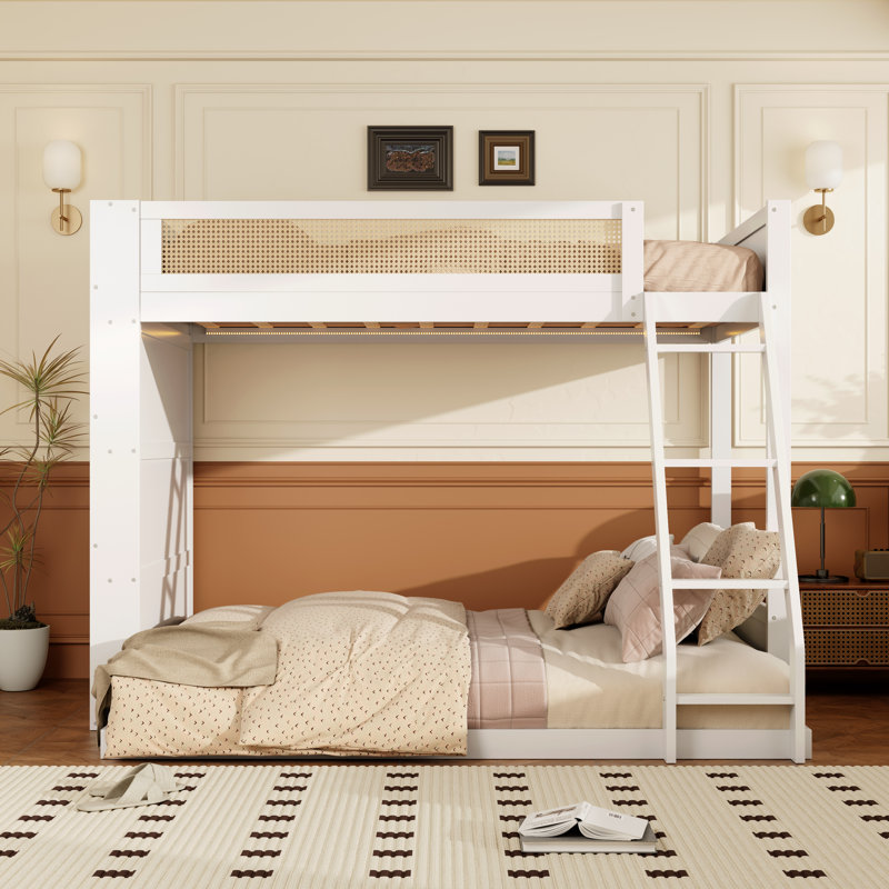 Lit superposé simple au-dessus de double avec lumières DEL et tablette - lit superposé robuste pour enfants et adolescents, blanc