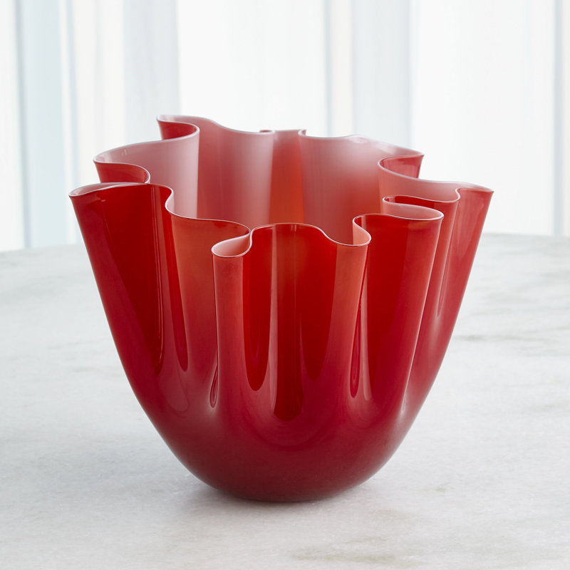 Handkerchief Handmade Glass Table Vase, Deep Red, 10.25" H x 11.75" W x 11.75" D