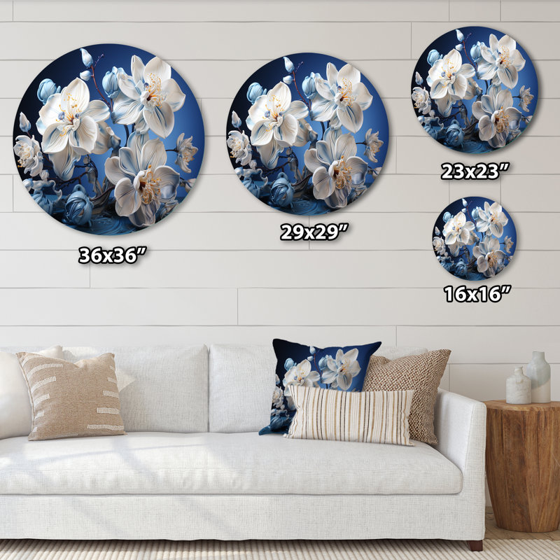 Orchidées blanches et bleues de sérénité - Art floral rond en métal, H 23 po x l 23 po