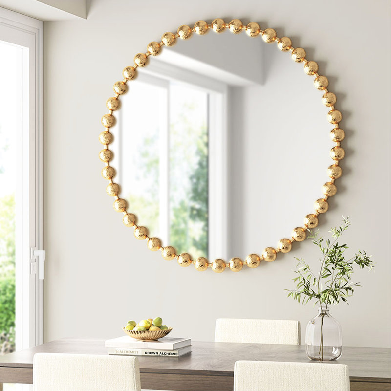 Grand miroir rond perlé de 36 po de diamètre, métallique doré, cadre et support en fer métallique, cintre en trou de serrure, accessoire de décoration intérieure murale 36 po, antique, avec décoration