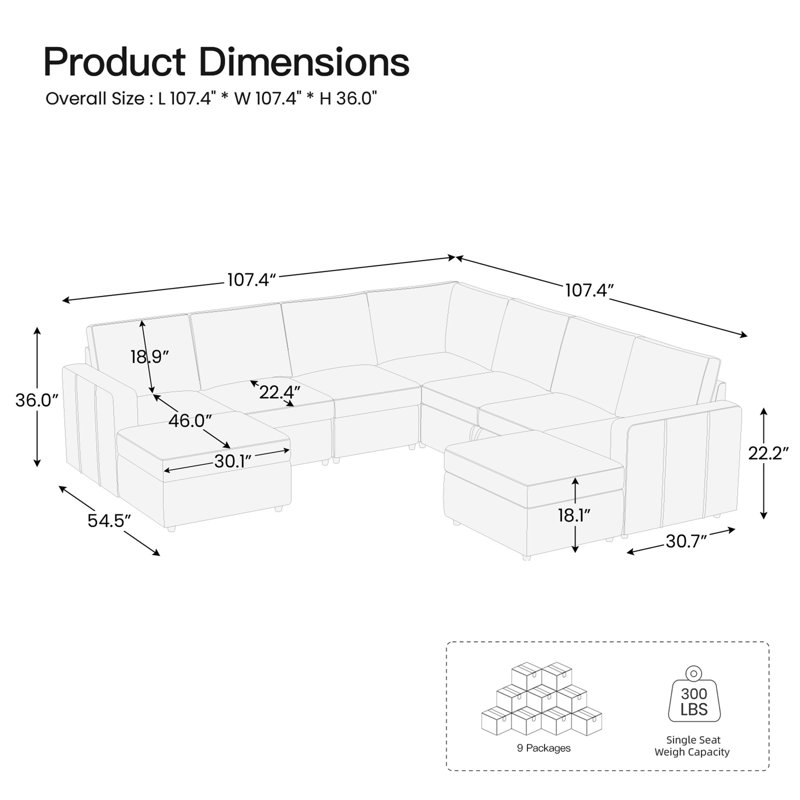 Aubade L Shaped 107 Inch Width Sectional Sofa Modular Couch Livingroom Couch With 2 Storage Ottomans, Beige Velvet