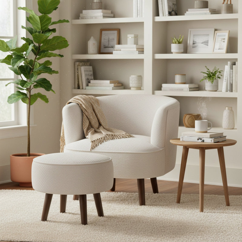Modern Upholstered Armchair and Ottoman Set with Tapered Wood Legs, Ivory – Diana by Pipp & Liv, Ivory