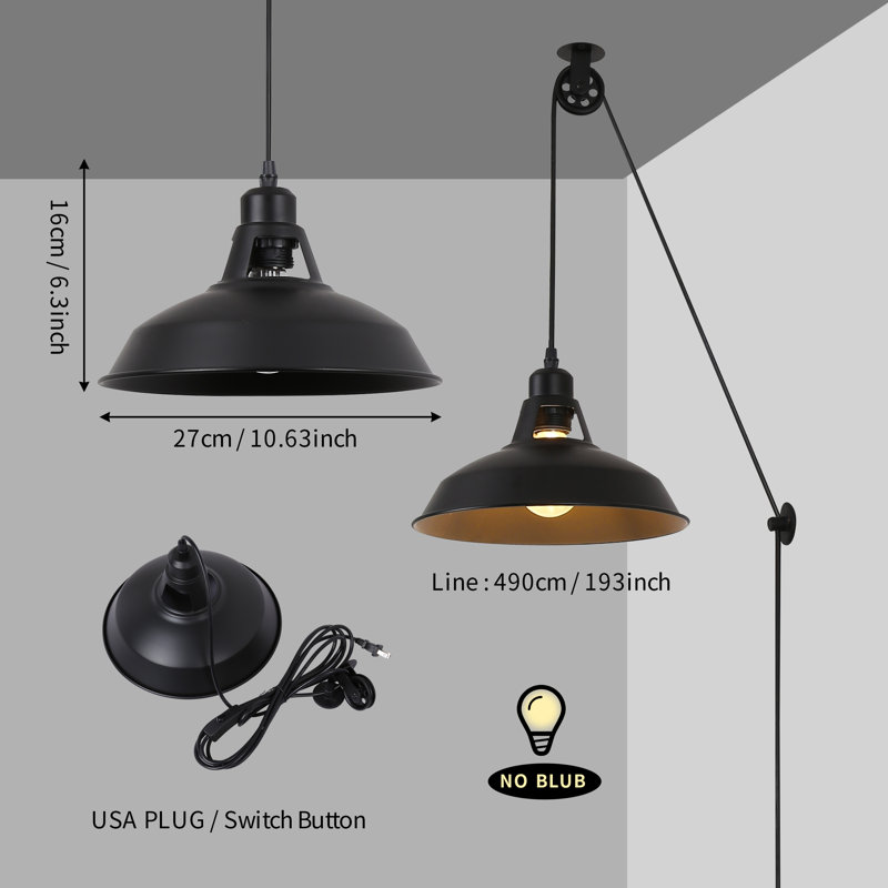 Industrial 2pcs Pendant Light Lift Pipe Pulley Ceiling Fixture, Adjustable Height Plug In Hanging Lamp With Switch, Black