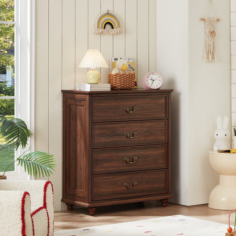 Farmhouse 4 Drawer Dresser For Bedroom, 37" Tall Rustic Chests Of Drawers W/ 4 Solid Wood Feet, Mid Century Modern Wooden Closet Storage Dressers Organizer For Living Room, Hallway
