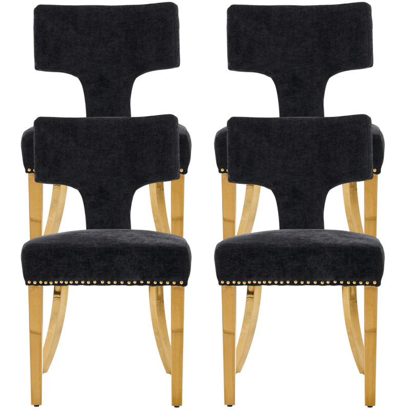 Mid Century Upholstered Dining Chairs Side Chairs Farmhouse Chenille Dining Chair With Metal Legs, Black, 4