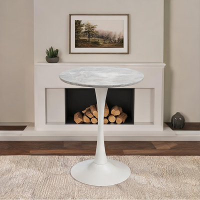 Table de salle à manger ronde avec plateau en marbre gris ardoise et base à piédestal blanc, sièges 4, diamètre de 27,56 pouces