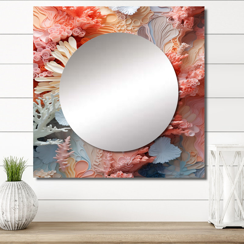 Kittie - Grand miroir mural carré sous-marin rose et blanc, 36 po x 36 po