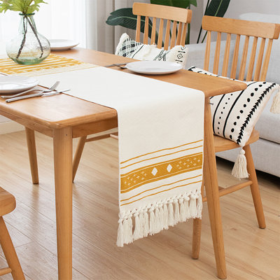 Mishea Mustard Yellow Stripe Cross Print Tassel Cotton Braided Table Runner