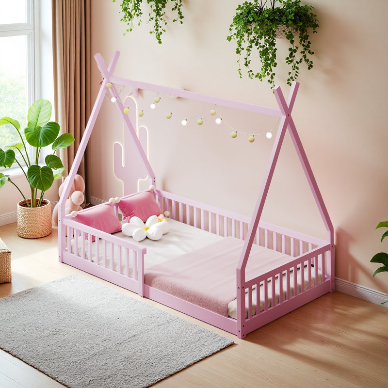 Twin Size Wood House Bed With Fence, Pink