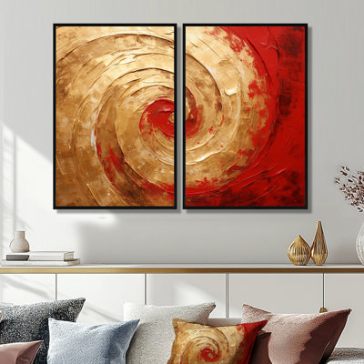 «Red Gold Fusion Spiral IV - Abstract Spirals», art mural 2 panneaux