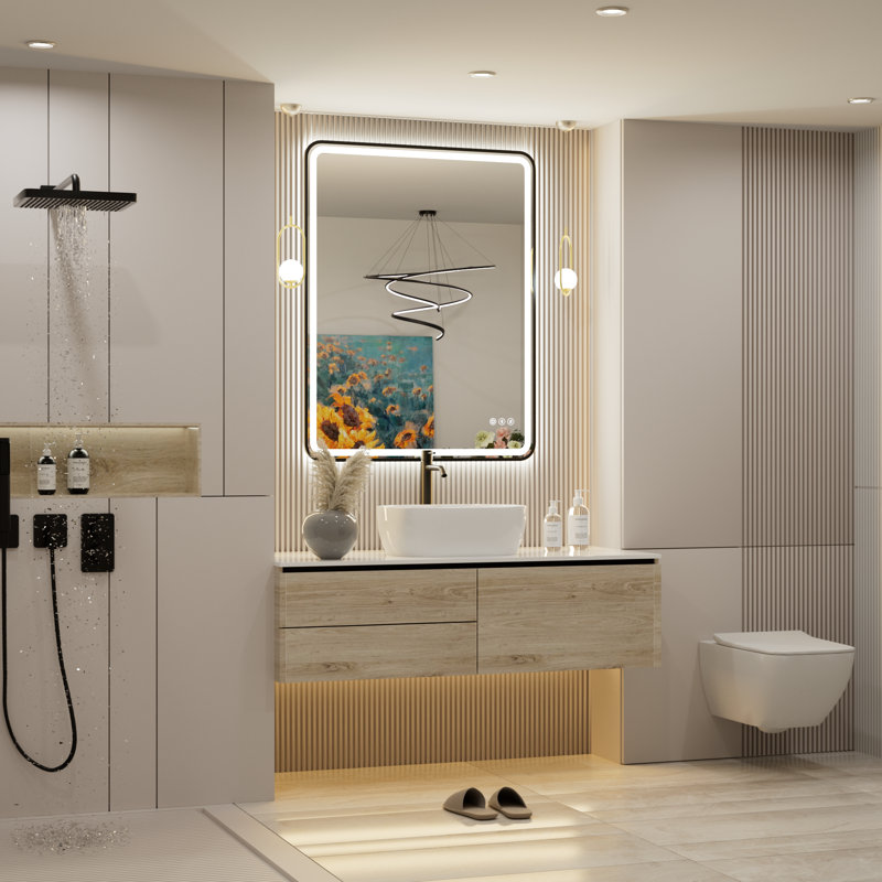 Miroir de salle de bain DEL Bluetooth avec cadre en aluminium, certifié FCC et ETL, antibuée, 3 températures de couleur, intensité variable, miroir mural lumineux avant et arrière