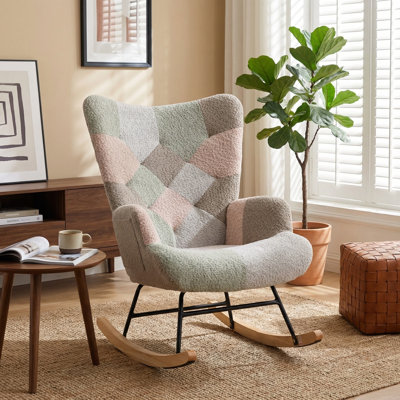 Indoor Patchwork Nursery Rocking Chair, Teddy Glider Rocker Accent Chair with High Backrest Armchair and Side Pocket for Living Room, Bedroom, Offices