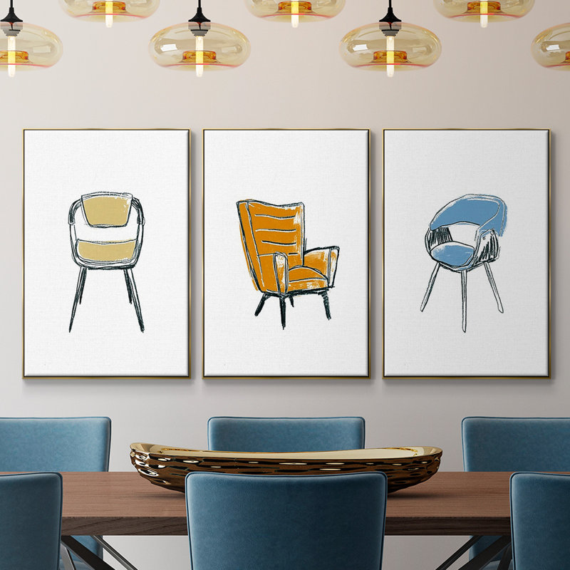 «Take a siège I», ensemble de 3 reproductions encadrées sur toile, H 48 po x l 96 po x P 2 po, Encadrement doré