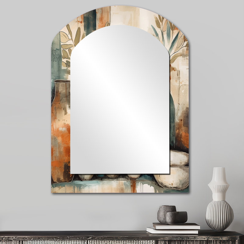 Orange et vert canalisant les vibrations bohémiennes - miroir mural asymétrique plume bohème, miroir de forme unique traditionnel, art imprimé en métal