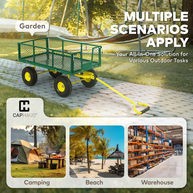 CAPHAUS Metal Garden Cart, w/ 180° Adjustable Yellow Handle, w/ Mat and Strap, 880 lbs Capacity, Green