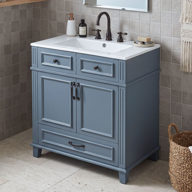 Meuble-lavabo rétro avec lavabo en céramique, portes à fermeture en douceur, tiroir et rangement dissimulé
