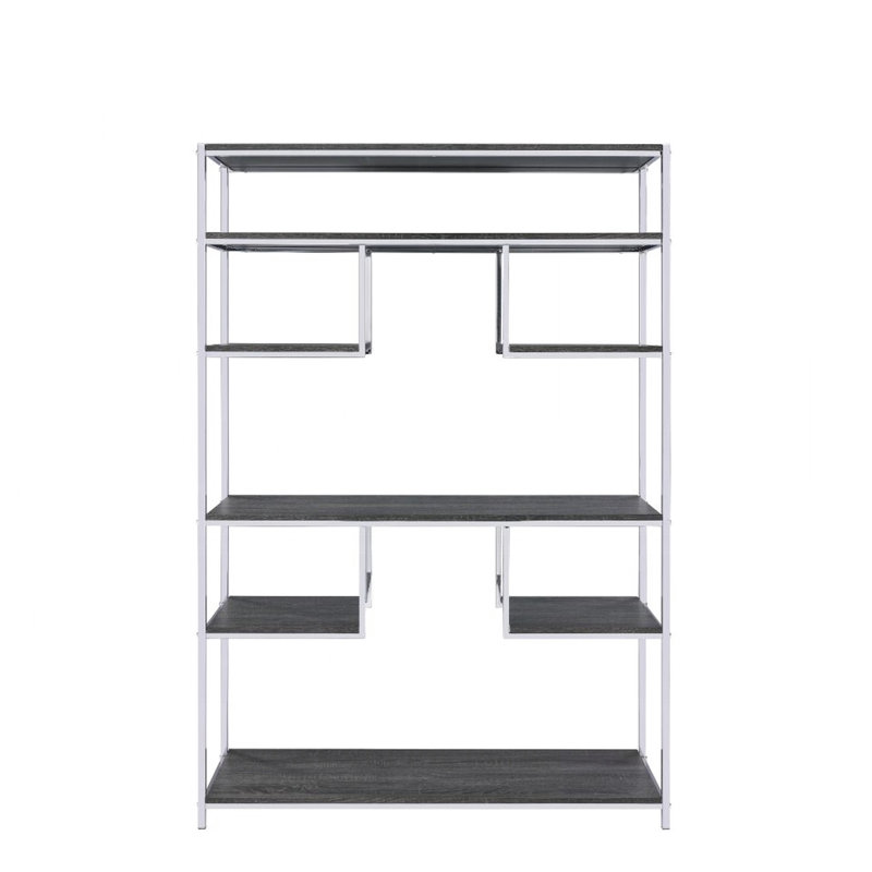 Bibliothèque rustique en chêne gris et à 8 tablettes - système de support décoratif géométrique, construction en métal, bibliothèque réglable en bois, bibliothèque captivante, construction intégrée, pour rangement en boîte