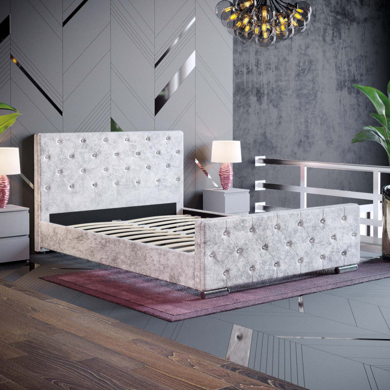 Kali Upholstered Bed, Crushed Velvet Silver, Double (4'6)	