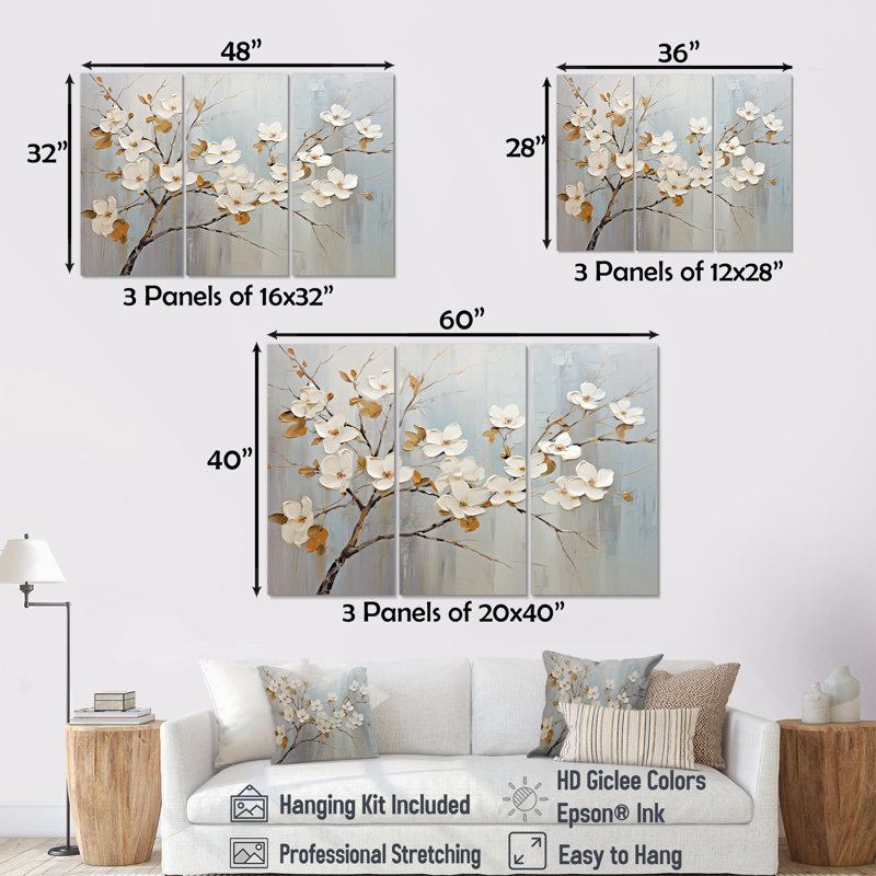 Paix blanche et grise blanche - ensemble d'art mural cornouiller, H 32 po x l 48 po x P 1 po