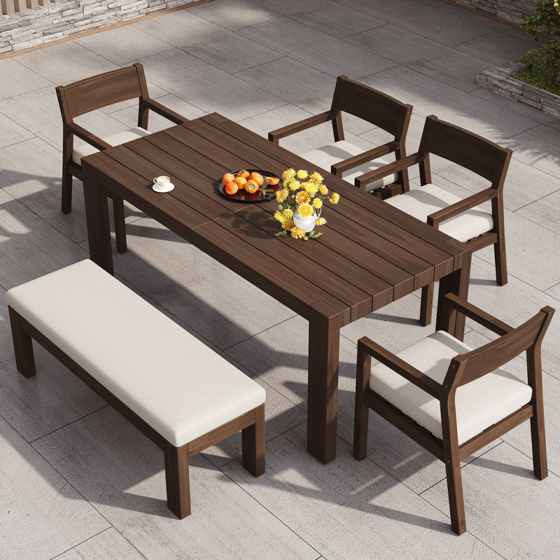 6 - Piece Patio Dining Table Set With Bench, Long Dining Table With Umbrella Hole, Solid Wood, Cushioned Armchairs, Modern Farmhouse, Outdoor Use