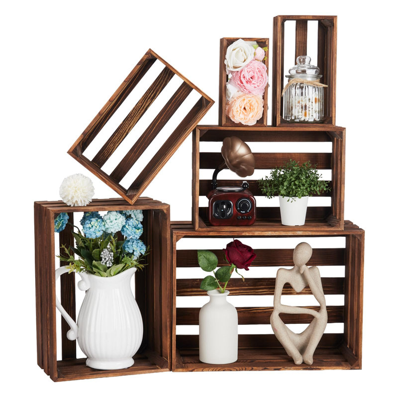 Set of 6 Rustic Wooden Storage Baskets – Stackable Pine Wood Crates with Handles – Farmhouse Style for Home, Garden, or Balcony – Nesting and Display Boxes – Torched Finish