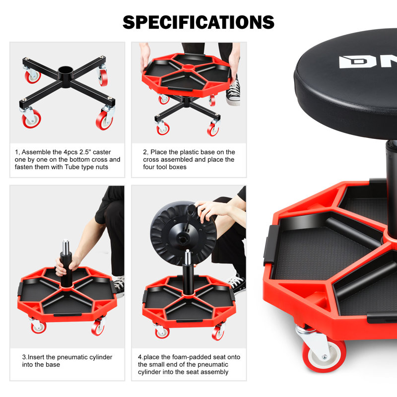Pneumatic Garage Seat Rolling Mechanic Stool with Tool Tray Storage