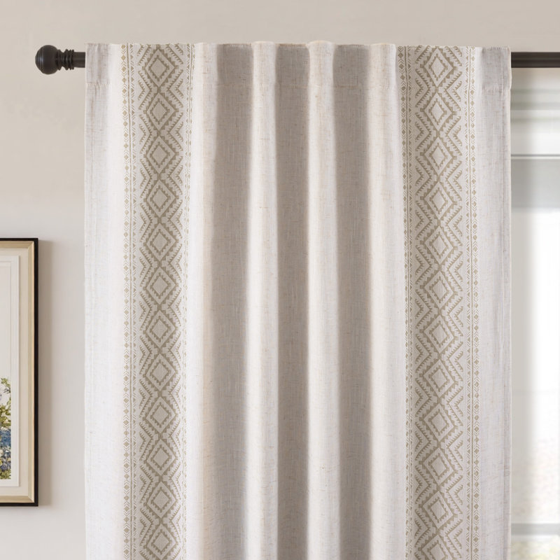 Boho Linen Blackout Curtains Double Layer Thermal Insulated Farmhouse Vintage Geo Retro Square Printed Pattern Lined Drapes for Living Room Bedroom Back Tab 2 Panels