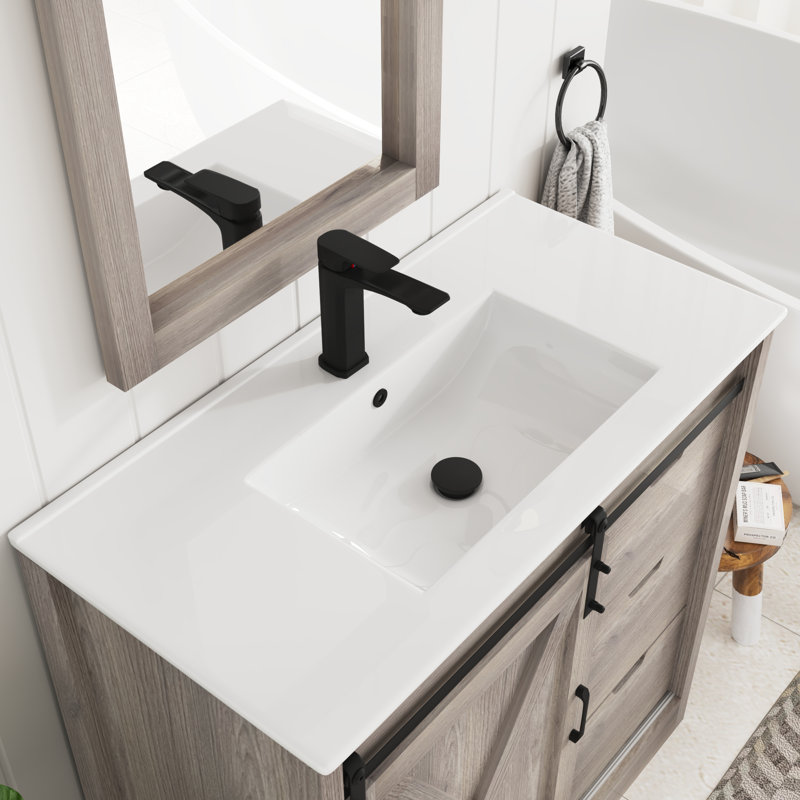 Bathroom Vanity With Sink, Faucet, Mirror, Sliding Barn Door, And Drawers, Natural, 36"