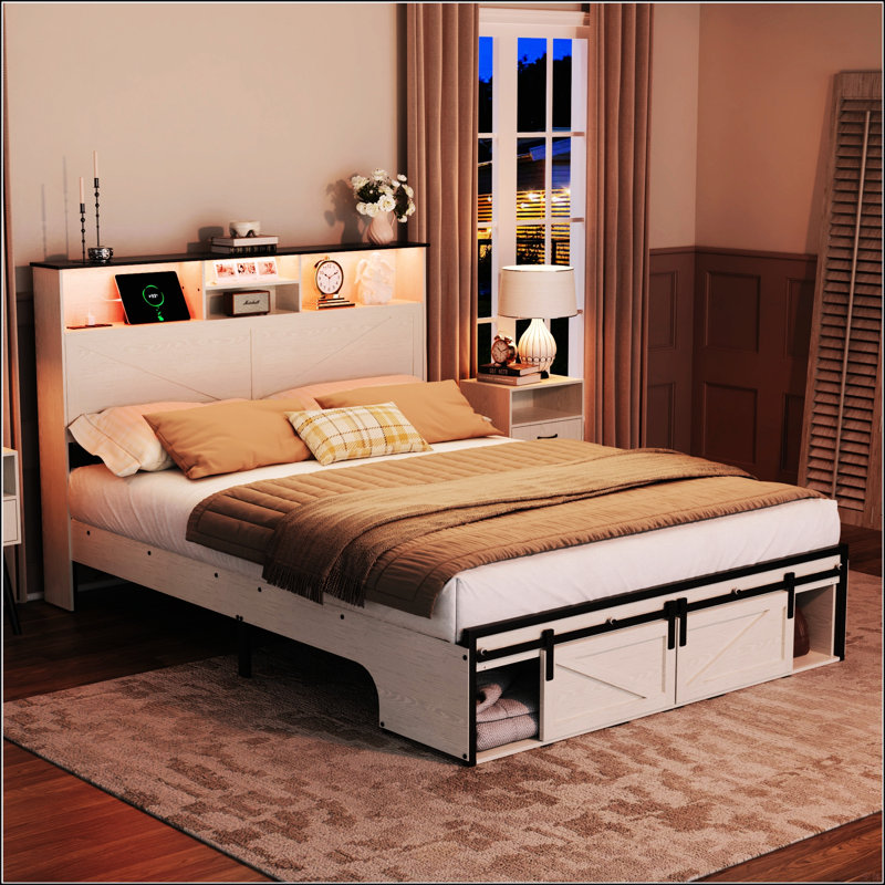Base de lit grand format Farmhouse avec tête de lit avec rangement, Blanc, Grand lit
